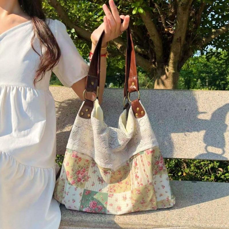 New vintage floral splicing shoulder bag lace lace large capacity cloth bag commuting versatile retro bag