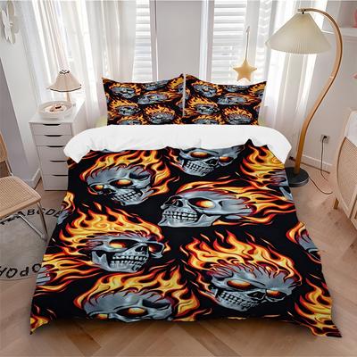 3pcs Bedding Set Flaming Skulls Includes 1 Comforter + 2 Pillowcases, Without Pillow Inserts, Soft Comfortable, Lightweight Breathable136