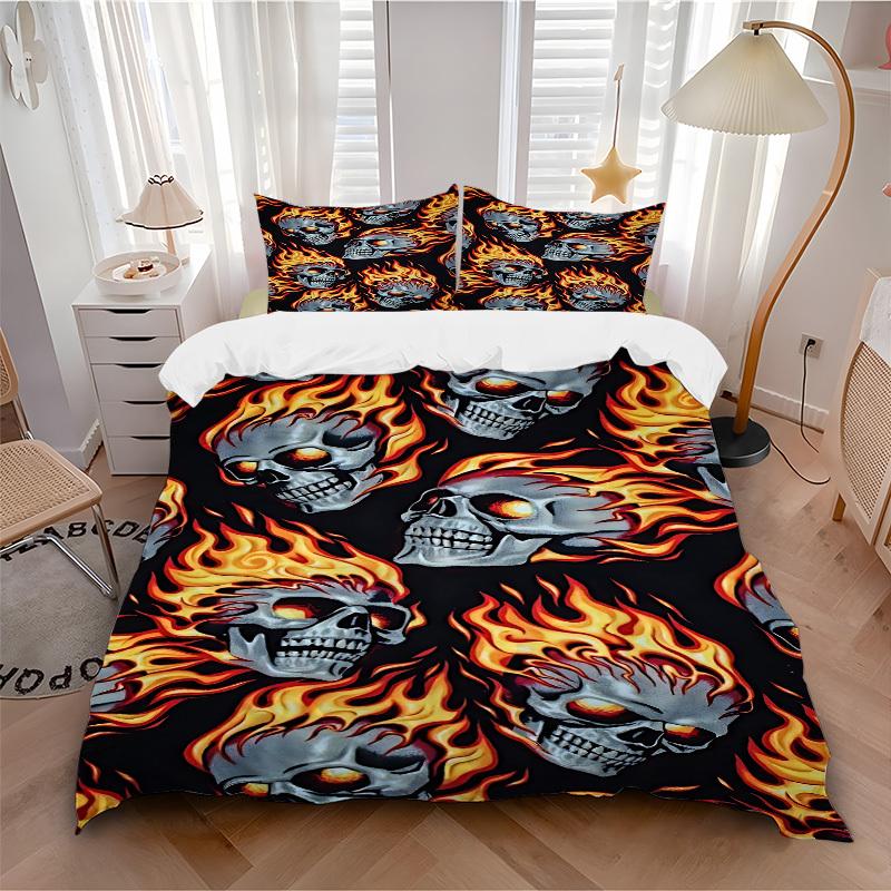 

3pcs bedding set Flaming Skulls Includes 1 Comforter + 2 Pillowcases, Without Pillow Inserts, Soft Comfortable, Lightweight Breathable, Prin 135x200cm