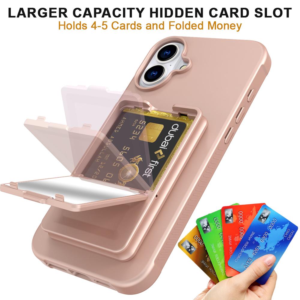 For iPhone 16 Case Skin-Touch Card Holder TPU+PC Phone Cover with Mirror Kickstand