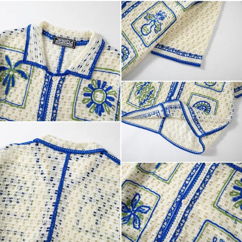 Men's Casual Knitted Short Sleeve Shirts Button Down Crochet Hollow Out Shirt Top Summer Vacation Vintage Knit Golf Beach Collared Shirts Tops for Men