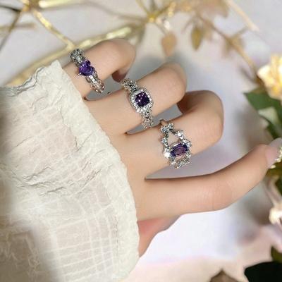 Purple Diamond Purple Romantic Zircon Geometric Opening Ring Sweet Cool Babes Y2K Niche Design Light Luxury Colored Treasure Ring
