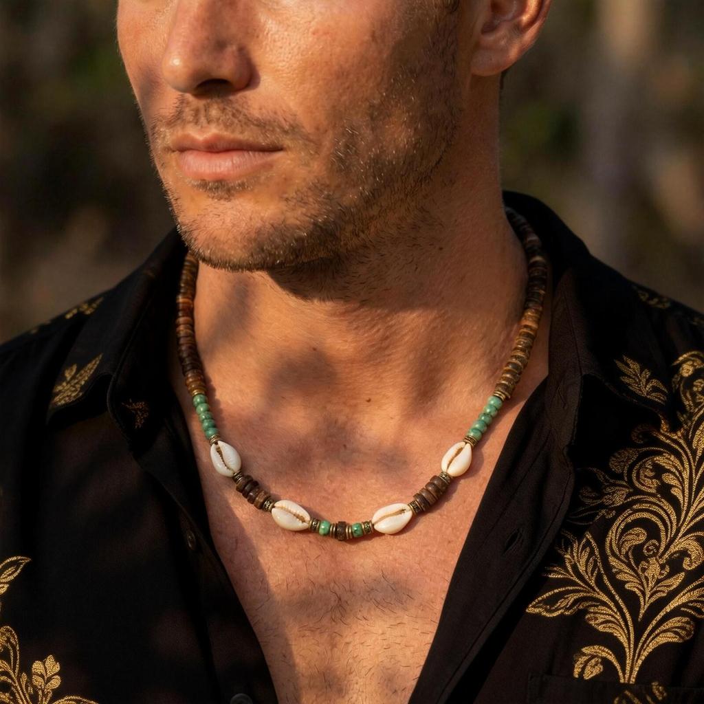 Conch Bohemia Surfer Halskette für Mann, Kokosnussschale Holzperlen Halsband für Mann, Sommer Strand Schmuck Geschenk