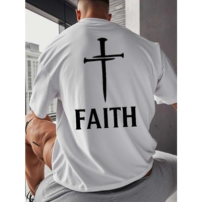 European Sizes Men's Christian Faith T-Shirt with Print & Cross Design - Oversized Shirt, Breathable Summer Casual Wear, Loose Fit Short Sleeve Tee