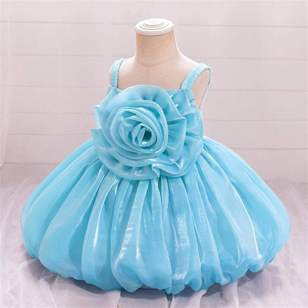 Toddler Princess Dress with 3D Rose Flowers and Shiny Satin Puff Sleeves