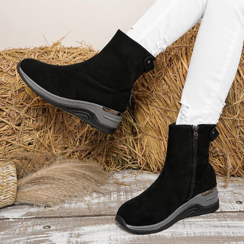 Dames Suede Enkelboots met Brede Wijdte en Sleehak - Enkelboots met Rits aan de Zijkant en Blokhak voor de Herfst, Slankvallende Platform Modeboots