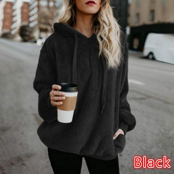 Women Sweaters Fleece Zipper Hooded Pullover Casual Solid Color Ladies Tops Long Sleeves Loose Plush Sweater