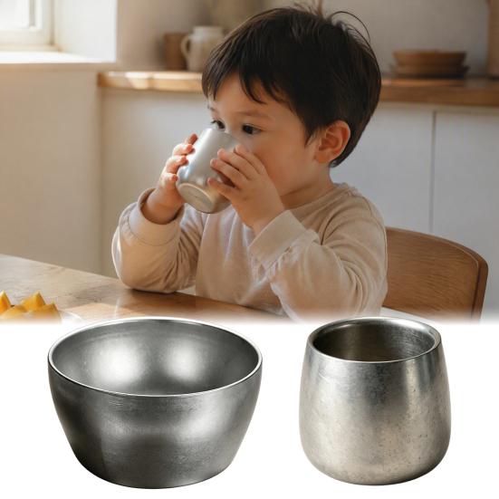 Industrial Style Drinking Cups Stainless Steel Cup/Bowl, Matte Metal Container, Smooth Arc Tableware for Kitchen Shatterproof Non-slip Base