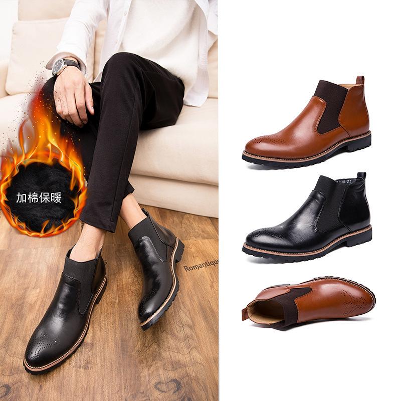 2025 men's winter boots Chelsea middle-aged men's leather shoes men's shoes casual dress velvet British leather shoes