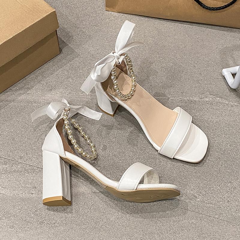 Fashion 2025Sandals Women's Summer Fashion Casual Bow High Heels Fairy Wind Pearl High Heels Design Sense of Niche Chunky Sandals