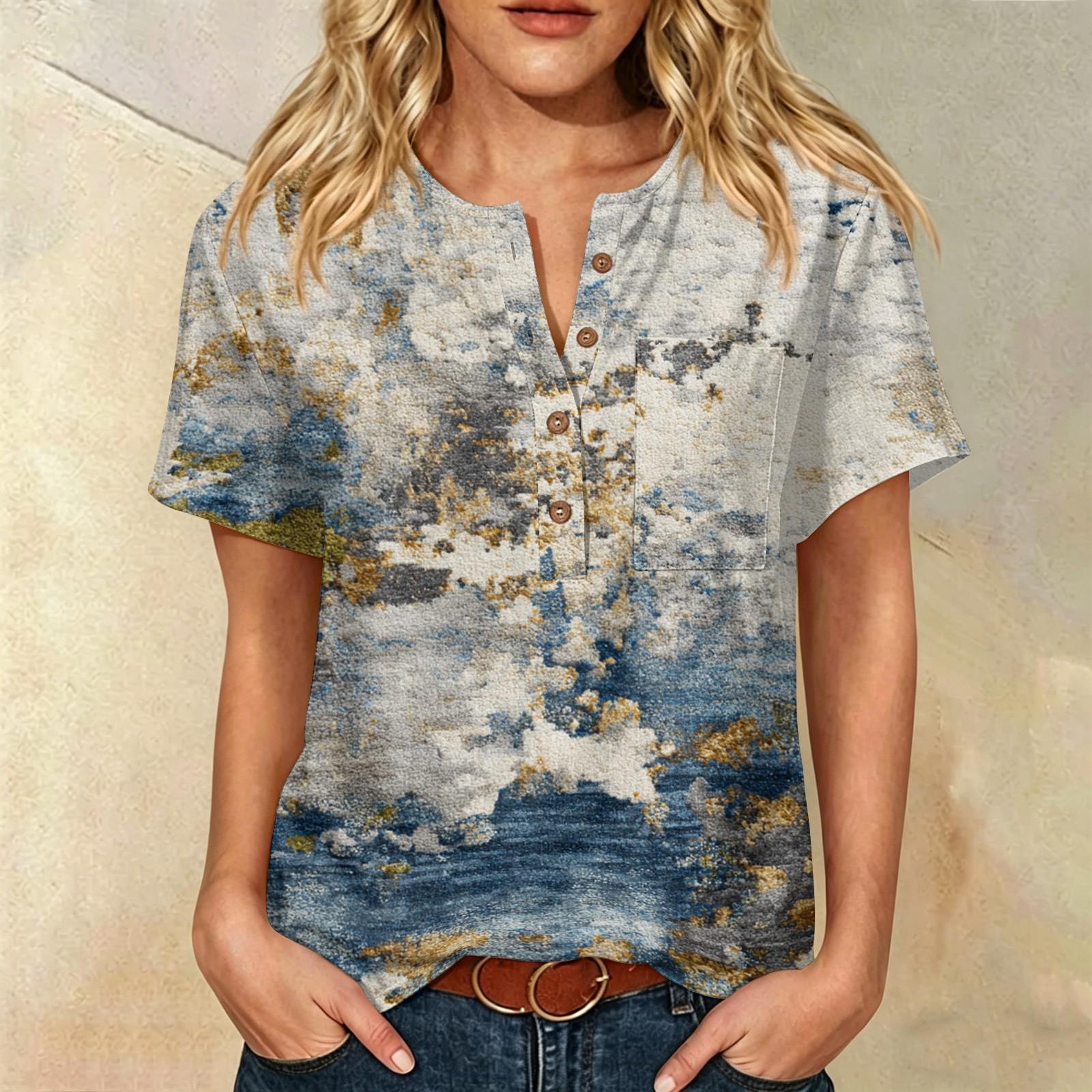 

Women’s Casual Abstract Print Henley Neck Short Sleeve Cotton Linen Shirt with Chest Pocket Loose Fit Blouse for Daily Wear XXL