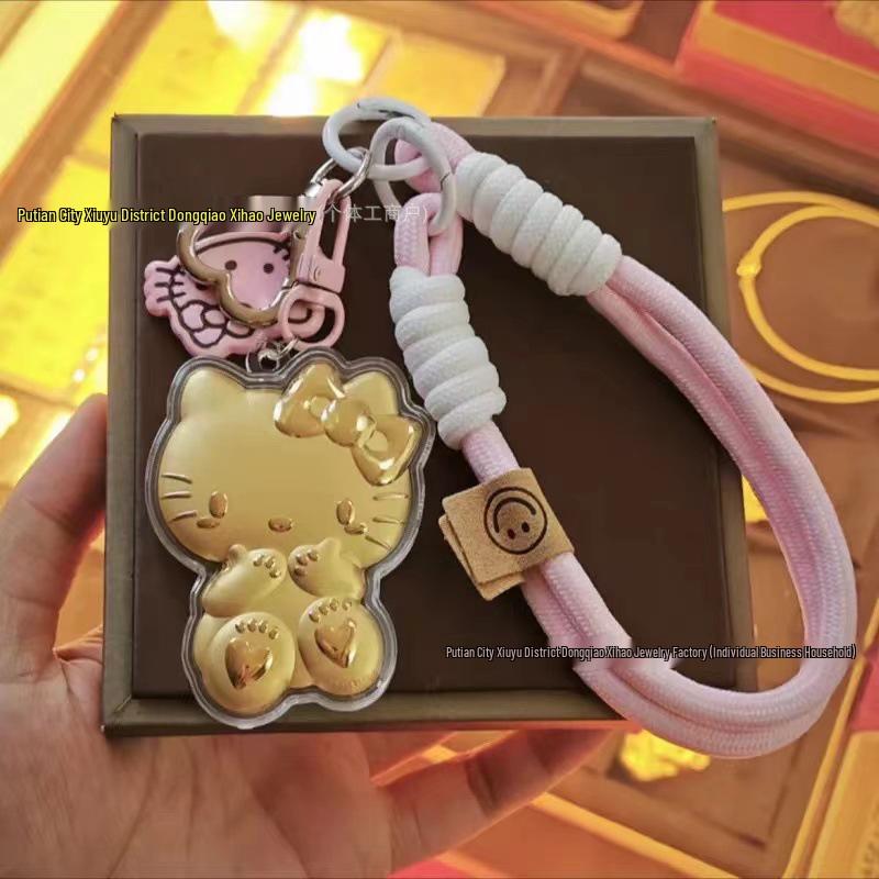 Hello Kitty 999 Pure Gold Keychain – Cute Gold Pendant for Mobile, Bag, or Car Charm