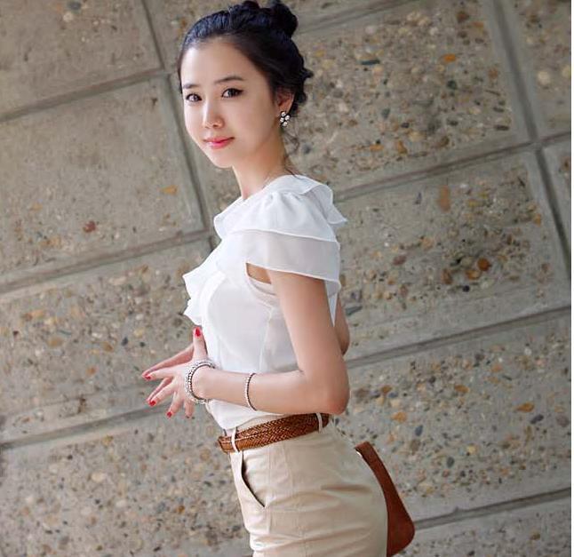 Dámský top s volánovými rukávy v korejském stylu z šifonu