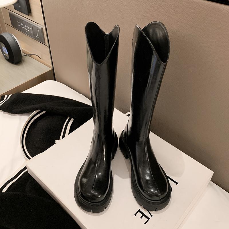 Botas Altas de Mujer Primavera Otoño Botas de Mujer Impermeables Plataforma Punta Redonda Botas Hasta la Rodilla Cuero Patentado Botas Modernas
