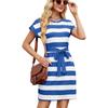 Women's New Spring and Summer Striped Round Neck Loose Short-sleeved Casual Tie Waist Dresses