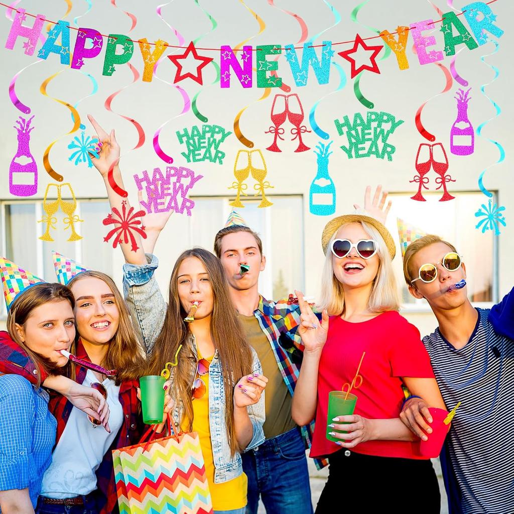 TaoBary 17 Pcs Happy New Year Banner and Hanging Swirl Streamer Glitter 2026 Eve Party Supplies Colorful New Years Decorations for Ceiling Wall
