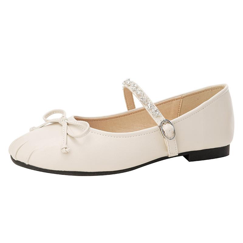 Fashion Crystal Beading Band Ballet Flats Women Bowtie Moccasins Soft Leather Pleated Round Toe Ballerina Shoes Woman Loafers Big Size43