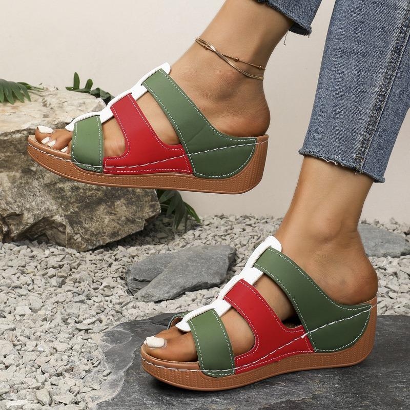 Spring and summer color matching casual hollow thick-soled muffin cool slippers women wear one-character slippers large-size sandals