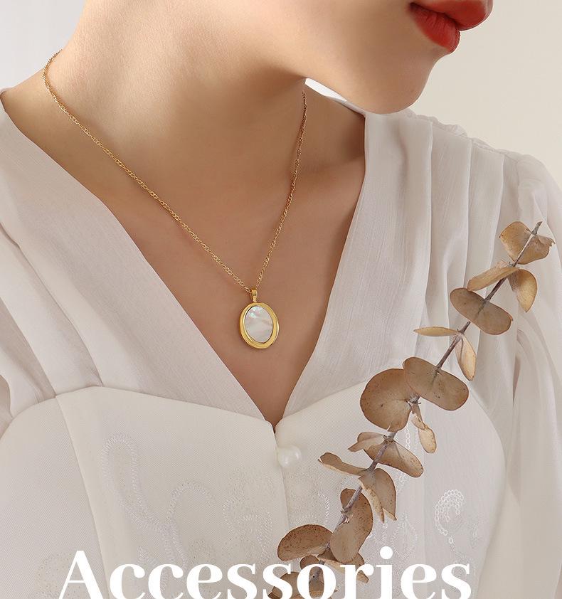 Elegant Gold-Plated Titanium Steel Necklace with Oval White Sea Shell Pendant