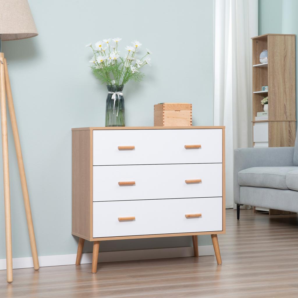 Scandinavian Commode Design 3 Sliding Drawers Tapered Inclined Legs Particle Board Panels Light Wood Grain Finish