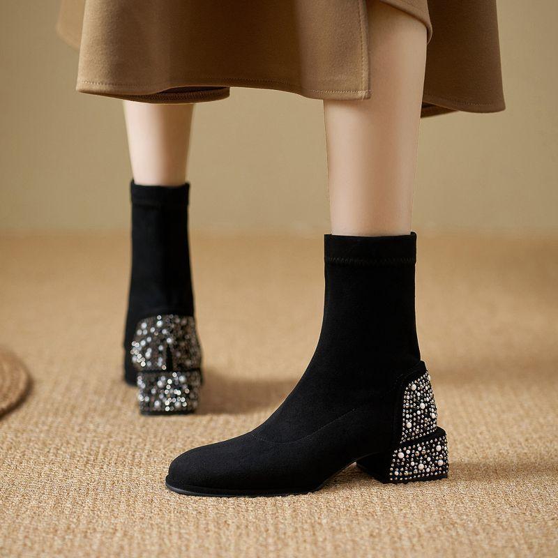 Rhinestone Thick Heel Thin Shoes Versatile Sleeve Elastic Short Boots Single Boots Women's Fashion High Heel Martin Boots Women's 2025 Autumn and Wint