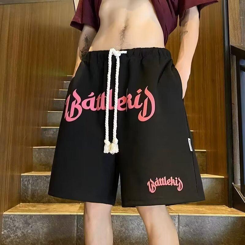 Fancy Style Studio Eenvoudige Stijl Schuimletter Bedrukking Effen Kleur Werkshort Heren Straat Los Sport Vijf-minuten Achterbroek XL