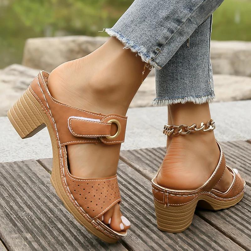 Fashion Hook Loop Thick High Heel Sandals Women Hollow Out Summer Beach Sandles Woman Plus Size Anti-Slip Platform Sandalias De Mujer