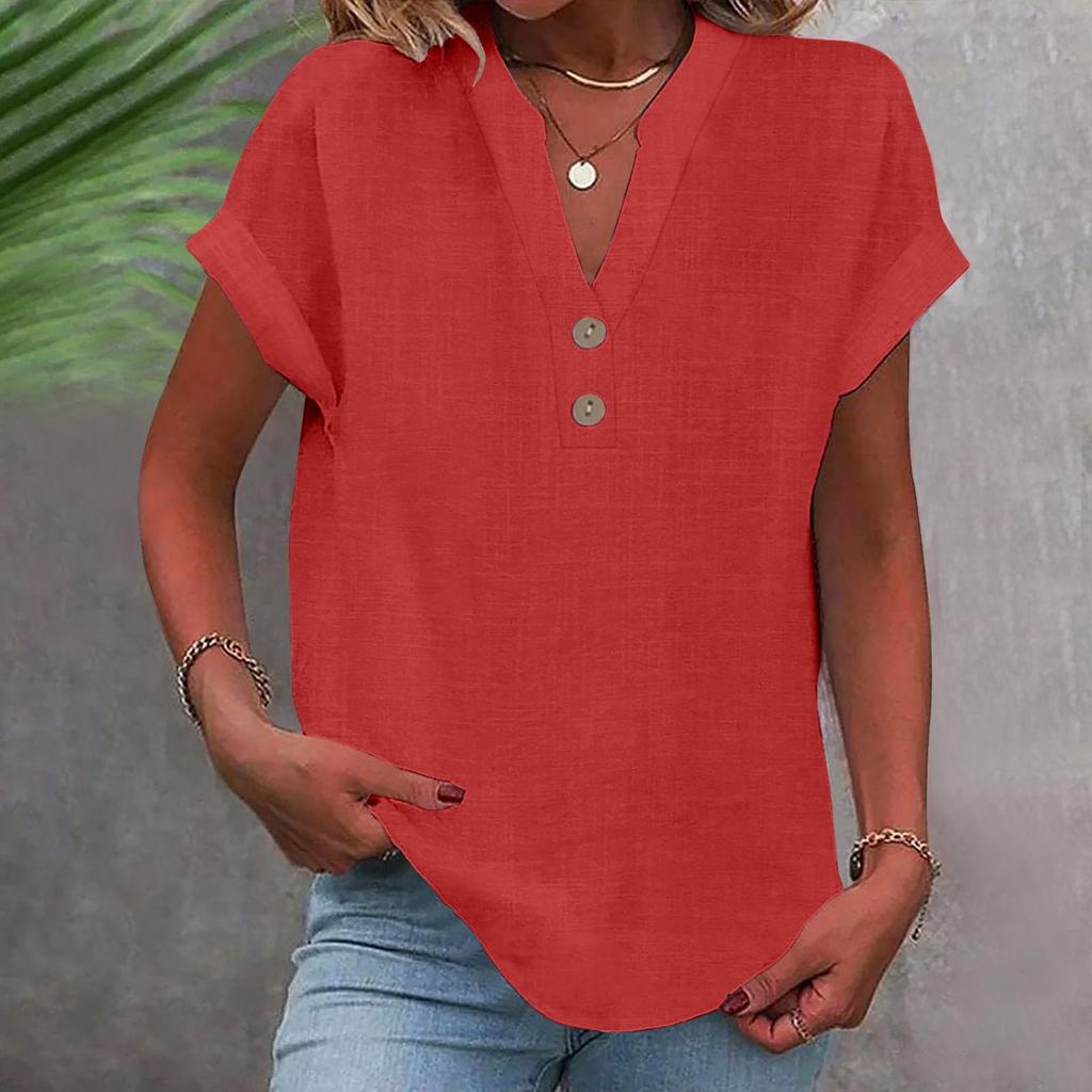 Summer Cotton Linen Breathable Solid Color Button Down V-neck Shirt Basic And Versatile Casual Comfortable Lady Office Tops