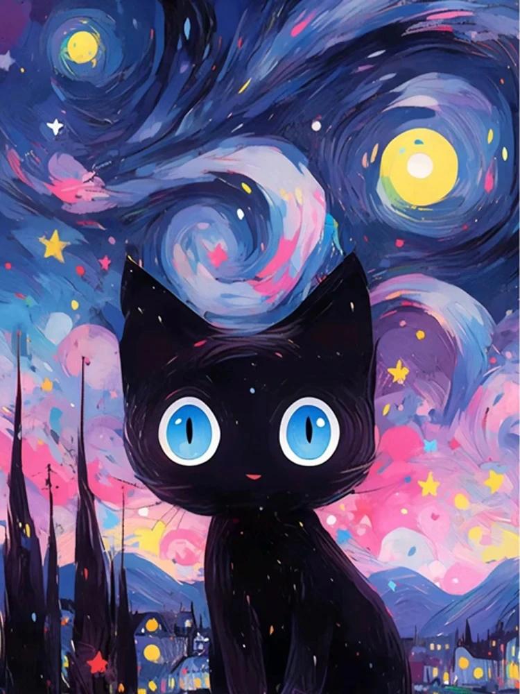 Abstrakt Stjärnhimmel och Svart Katt Affischer och Tryck Canvas Målning Väggkonst Bilder För Vardagsrum Hem Mural Dekoration Gåva