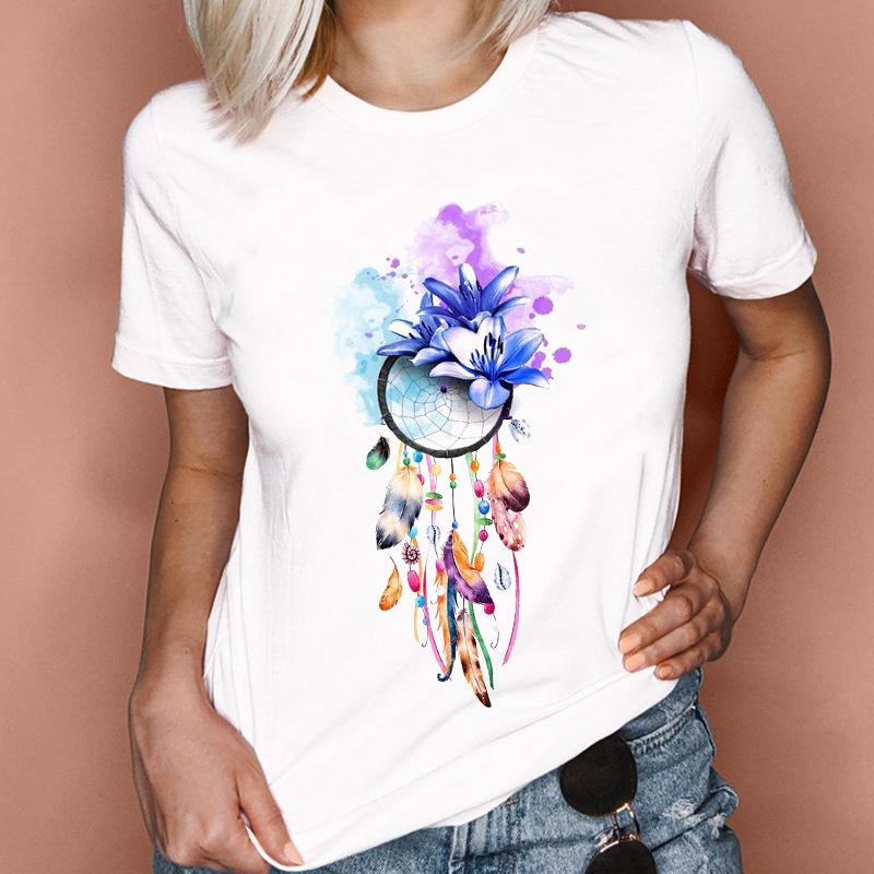 Fashion Feather Graphics Women T-Shirts Summer 90S Blouse Short Sleeve Tees O-Neck Female Tops Streetwear Y2K Clothing