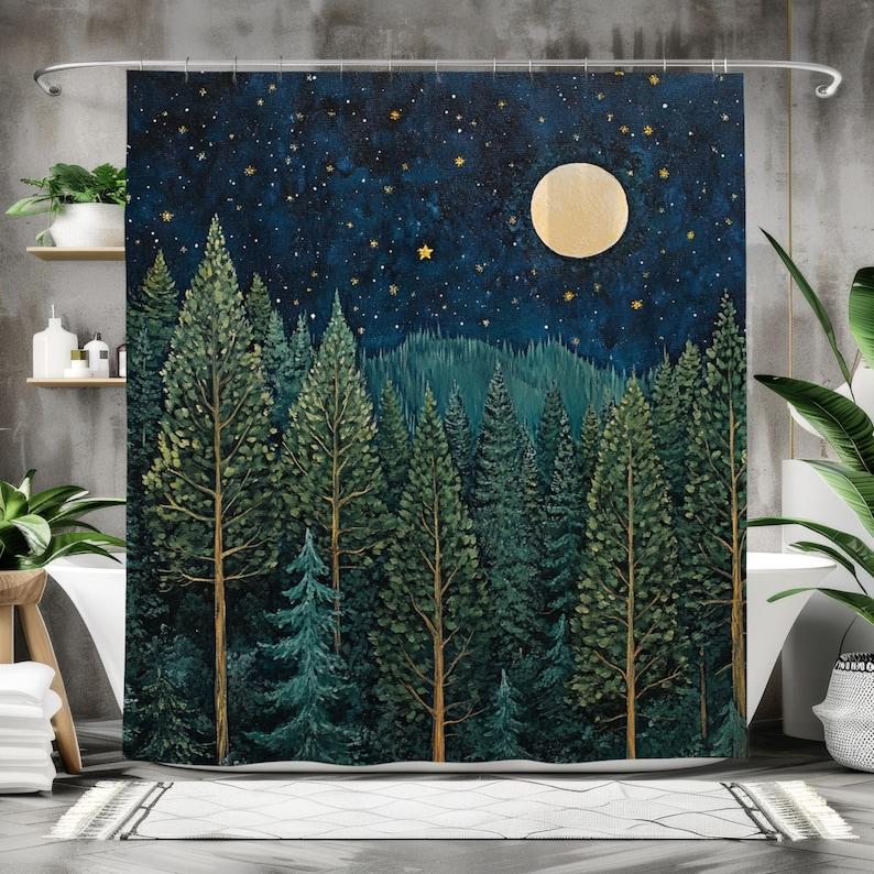 Moonlit Evergreen Forest Shower Curtain, Earthy Bathroom Decor, Serene Woodland Scene Home Decor, Bathroom Accent Autumn