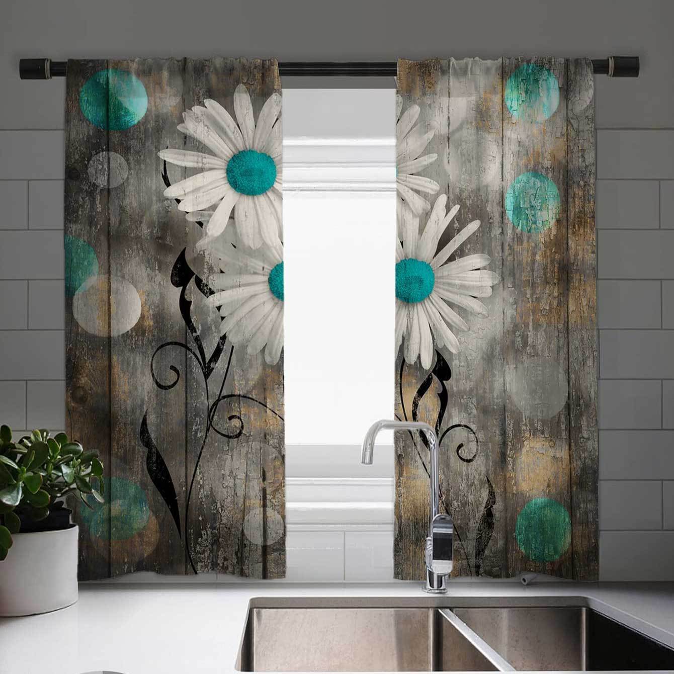 Vintage Sonnenblumenmuster Vorhangset Eleganter Fenstervorhang 2 Café-Paneele - Polyester Jacquard-Webart Künstlerisches Bauernhaus Küche 100W130H(CM)40x51in&Grommet Top