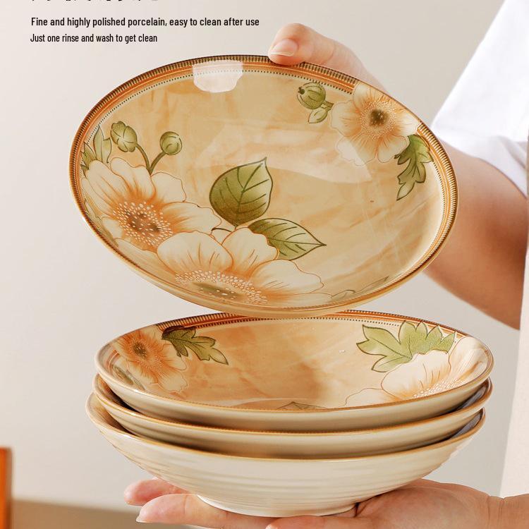 Set aus 2 kreativen tiefen Keramik-Suppentellern, rund, mit Jasminblumen-Unterglasur