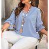 Light Blue Striped Shirt, Fashionable Commuter Versatile Bell Sleeve Pullover V-neck Top for Women