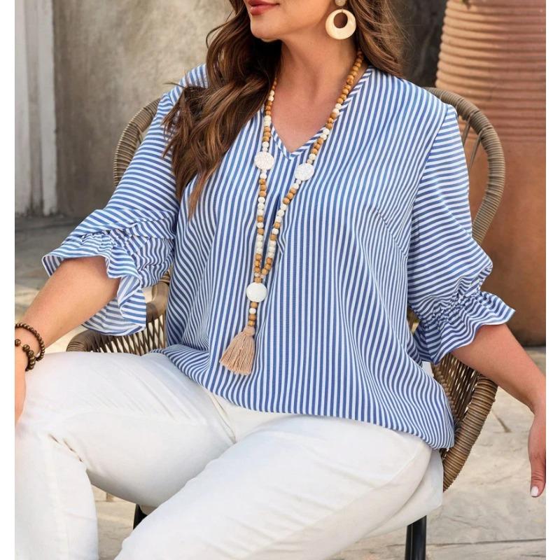 Light Blue Striped Shirt, Fashionable Commuter Versatile Bell Sleeve Pullover V-neck Top for Women