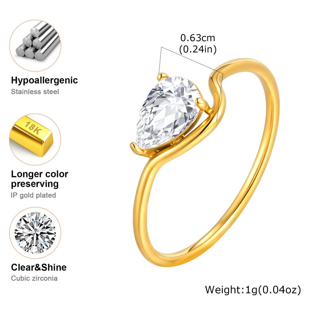 Minimalist Water Drop White Zircon Women Ring, Wave Drop Stainless Steel Ring, Gold Plated Waterproof Luxury Jewelry