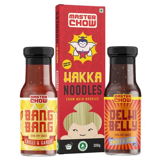 MasterChow Sweet and Spicy Noodle Pack - Hakka Noodles (300g) + Chilli & Garlic Bang Bang (220g)+ Sweet & Spicy Delhi Belly (220g) | Serves 4-5 Meals