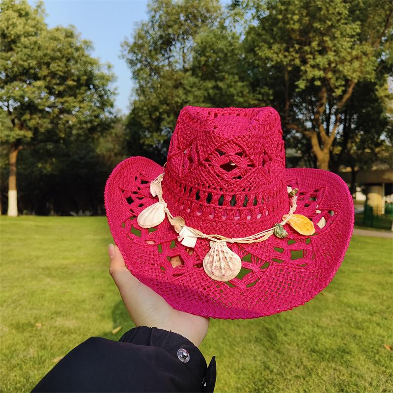 Cowboy Straw Hat for Women Fashion Seashell Straw Cowboy Hat Beach Summer Cowboy Sunshade Jazz Hat Sombrero Vaquero Hombre