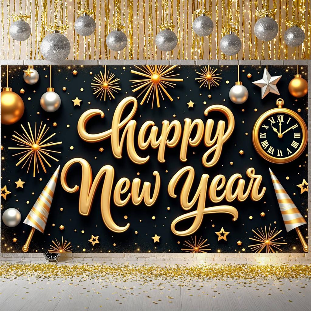 Happy New Year Banner Festive  Holiday Celebration Display Holiday Background Black Background Year-end Display For Office