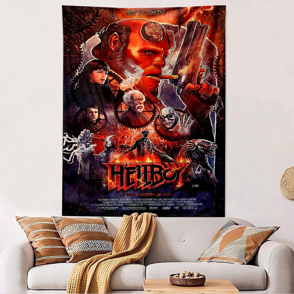 Hellboy Tapestry Wall Hanging, Comic Movie Poster Art, Dark Wall Decor for Bedroom Living Room Dorm