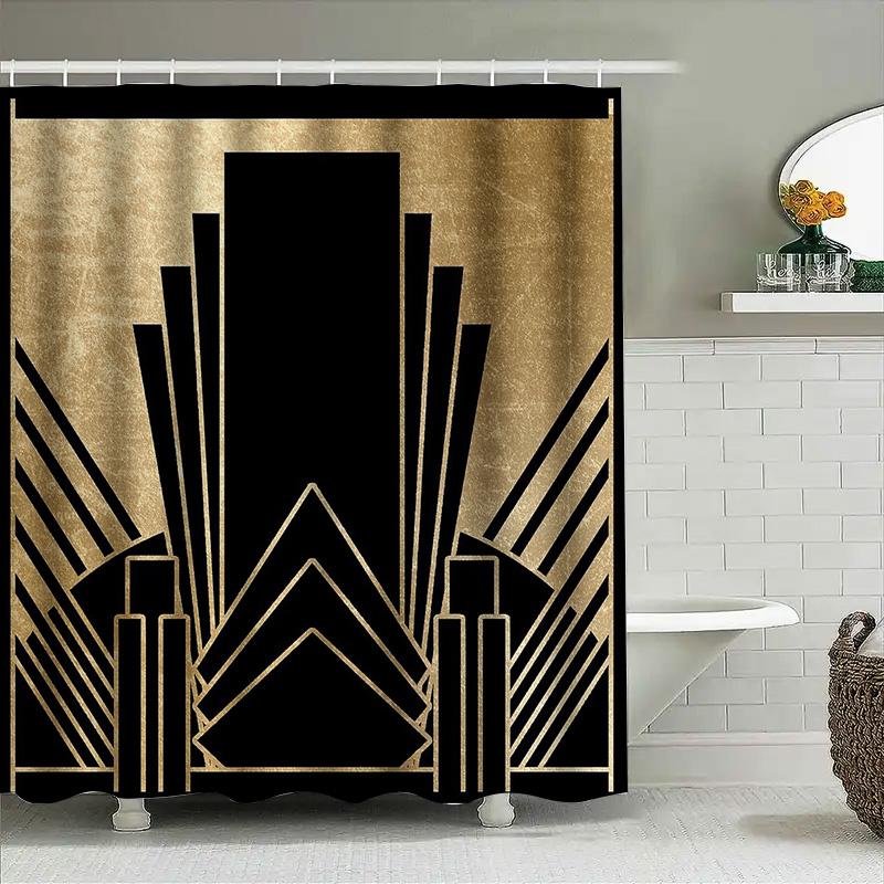 Art Deco Duschvorhang Geometrisches Muster Badezimmer Dekor Vintage Schwarz Gold Maximalistischer Hintergrund Waschbar Moderne Heimtextilien