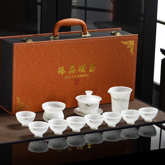 New Floral Ice Seed, Jade Kung Fu Tea Set Set, Home Gift, High-End Gift, High-End Business Present