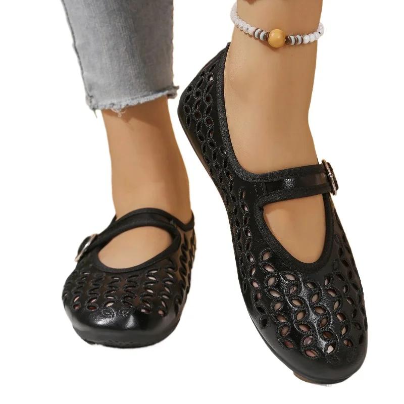 Fashion 2025 Ladies Shoes Buckle Strap Women's Flats Fashion Shallow Casual Plus Size New Hollow Out Light Best Seller Flat Low Heels