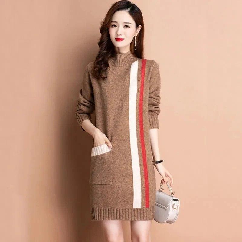 Women's Knitted Sweater Pullover 2023 New Autumn Winter Korean Color Matching Mid Length Knit Bottoming Shirt Female Tops Jumper