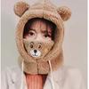 Bear Mask Hat Winter Scarf Integrated Gloves Scarf Hooded Female Cute Warm Three-piece Set Autumn and Winter