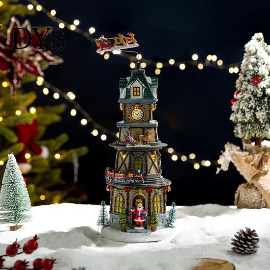 DIY Christmas Craft Accessories 2Pcs Train Music Box with Rotating Light, Snow Village Carousel Tree Ornaments Ornament, Battery/USB Powered Tabletop
