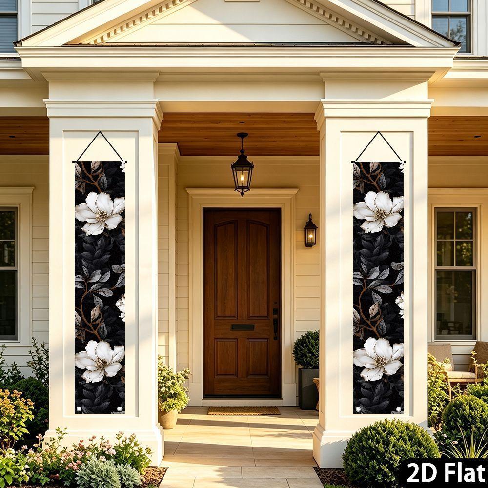 2D Flat, 2D Flat - 2D Flat, 2D Flat - 2D Flat 2pcs Banner Black Background Light Luxury Golden Edge White Magnolia Retro Branches Premium Flowers Door