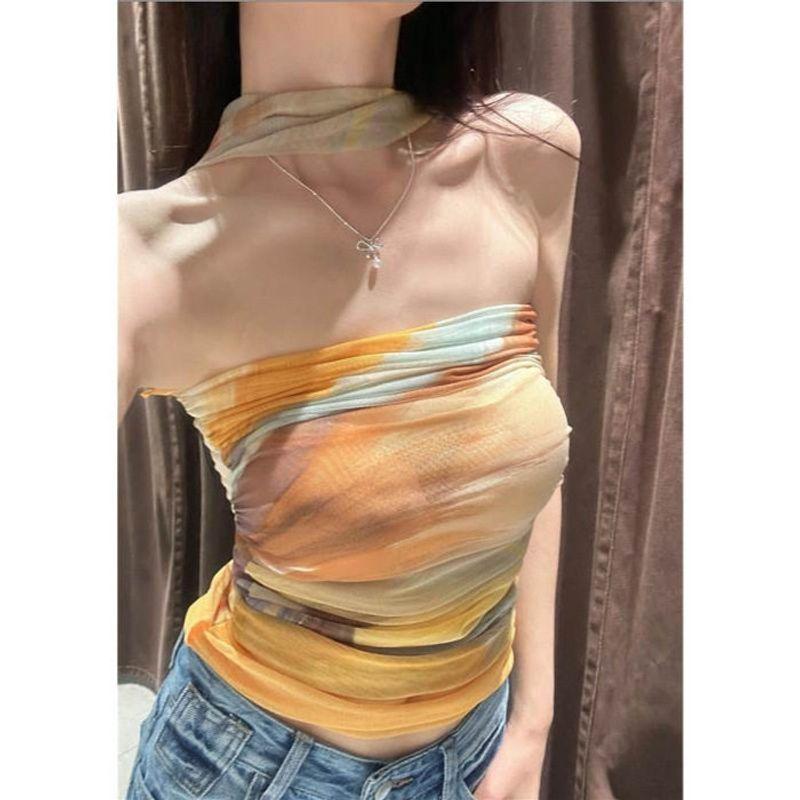 American-Style Mesh Outerwear Short Vest Tube Top One-Shoulder Women s Pleated Retro Style Hot Girl Print Elastic Top Picture Color S