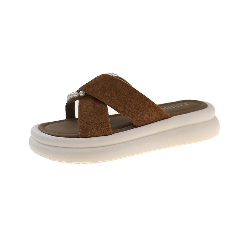 

Шлепанцы на платформе-маффине женские новые Guochao жемчужный крест модные для улицы фея стиль слово с юбкой пляжные крутые шлепанцы 40