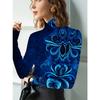 Women's Cheongsam Collar Long-sleeved T-shirt, Suitable for Women, with a Blue Geometric Layered Positioning Design
